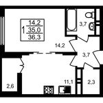 Планировка 1-комнатной квартиры, 36,3 м2