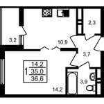Планировка 1-комнатной квартиры, 36,6 м2