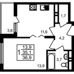 Планировка 1-комнатной квартиры, 36,9 м2