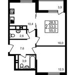 Планировка 2-комнатной квартиры, 55 м2