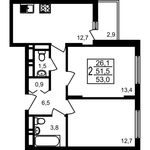 Планировка 2-комнатной квартиры, 53 м2