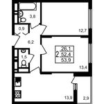 Планировка 2-комнатной квартиры, 53,9 м2