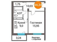 Планировка 1-комнатной квартиры, 44,45 м2