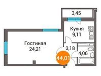 Планировка 1-комнатной квартиры, 44,19 м2