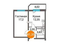 Планировка 1-комнатной квартиры, 41,55 м2