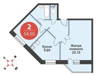 Планировка 2-комнатной квартиры, 54,5 м2