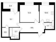Планировка 2-комнатной квартиры, 53,7 м2