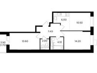 Планировка 3-комнатной квартиры, 59,5 м2