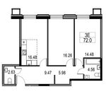 Планировка 3-комнатной квартиры, 72 м2