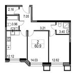 Планировка 2-комнатной квартиры, 60,9 м2