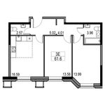 Планировка 3-комнатной квартиры, 61,6 м2