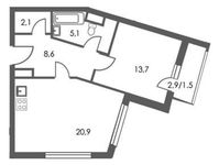 Планировка 1-комнатной квартиры, 52 м2