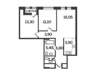 Планировка 3-комнатной квартиры, 65,3 м2