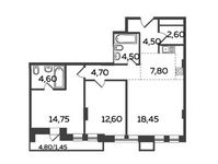 Планировка 3-комнатной квартиры, 75,95 м2