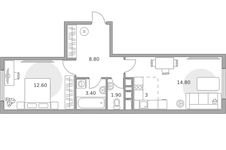 Планировка  2-комнатной квартиры, 44 м2