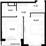 Планировка 1-комнатной квартиры, 43,77 м2