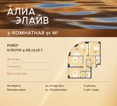 Планировка  3-комнатной квартиры, 91 м2