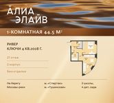 Планировка  1-комнатной квартиры, 44,5 м2