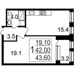 Планировка 1-комнатной квартиры, 43,6 м2