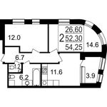 Планировка 2-комнатной квартиры, 54,25 м2