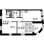 Планировка 2-комнатной квартиры, 60,15 м2