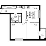 Планировка 2-комнатной квартиры, 47,68 м2