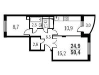 Планировка 2-комнатной квартиры, 50,4 м2