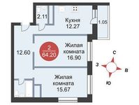 Планировка 2-комнатной квартиры, 64,2 м2