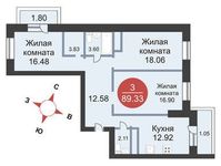 Планировка 3-комнатной квартиры, 89,33 м2