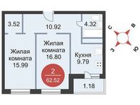 Планировка 2-комнатной квартиры, 62,52 м2