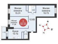Планировка 3-комнатной квартиры, 80,56 м2