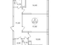 Планировка 2-комнатной квартиры, 63,1 м2