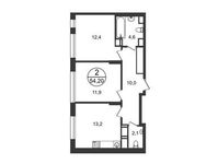 Планировка 2-комнатной квартиры, 54,2 м2