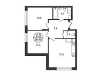 Планировка 2-комнатной квартиры, 56,4 м2