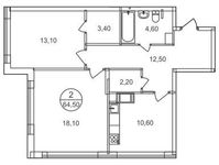 Планировка 2-комнатной квартиры, 64,5 м2