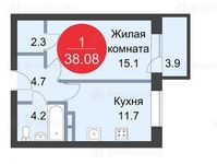 Планировка 1-комнатной квартиры, 38,08 м2