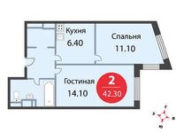 Планировка 2-комнатной квартиры, 42,3 м2