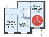 Планировка 2-комнатной квартиры, 61 м2