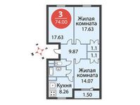 Планировка 3-комнатной квартиры, 74 м2