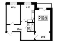 Планировка 2-комнатной квартиры, 61 м2