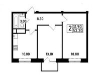 Планировка 2-комнатной квартиры, 53 м2