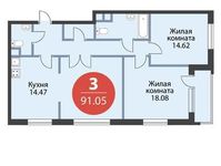 Планировка 3-комнатной квартиры, 91,05 м2