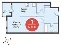Планировка 1-комнатной квартиры, 69 м2