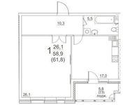 Планировка  1-комнатной квартиры, 61,8 м2
