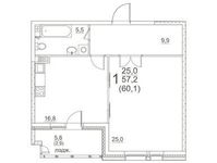 Планировка  1-комнатной квартиры, 60,1 м2
