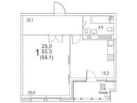 Планировка 1-комнатной квартиры, 58,1 м2