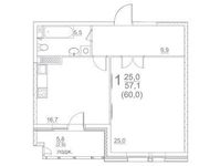 Планировка  1-комнатной квартиры, 60 м2