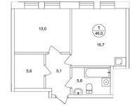 Планировка 1-комнатной квартиры, 46 м2