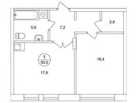 Планировка 1-комнатной квартиры, 50 м2