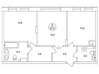 Планировка 2-комнатной квартиры, 67,5 м2